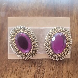 Vintage Gold and Purple Clip On Oval Earrings